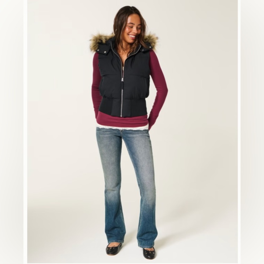 Hollister Puffer Navy Blue Faux Fur Hooded Vest, Size Medium